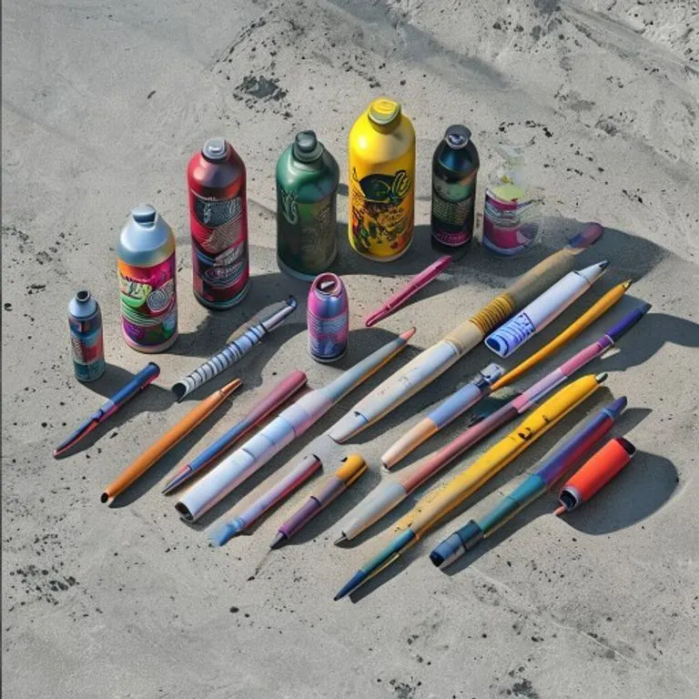 Representación digital de herramientas esenciales para el arte urbano, como botes de aerosol, marcadores y boquillas, sobre una superficie texturizada.