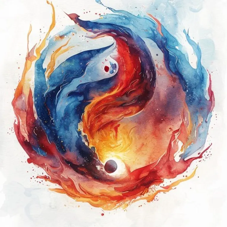 Una representación abstracta de dos energías entrelazadas, una misteriosa y serpentina, y otra poderosa y radiante, simbolizando la armonía y el equilibrio en la relación entre la Serpiente y el Dragón.