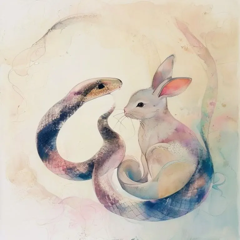 Una representación artística de la relación entre una serpiente y un conejo, con elementos simbólicos del horóscopo chino, destacando la interconexión y el equilibrio de sus energías.