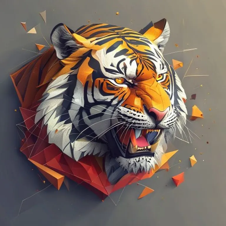 Representación artística de un tigre con líneas geométricas y colores vibrantes, simbolizando su coraje, dinamismo y liderazgo en la astrología china.