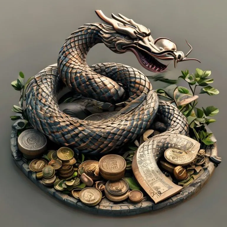 Serpiente de Metal simbolizando la riqueza y la sabiduría, con elementos dorados y gemas preciosas.