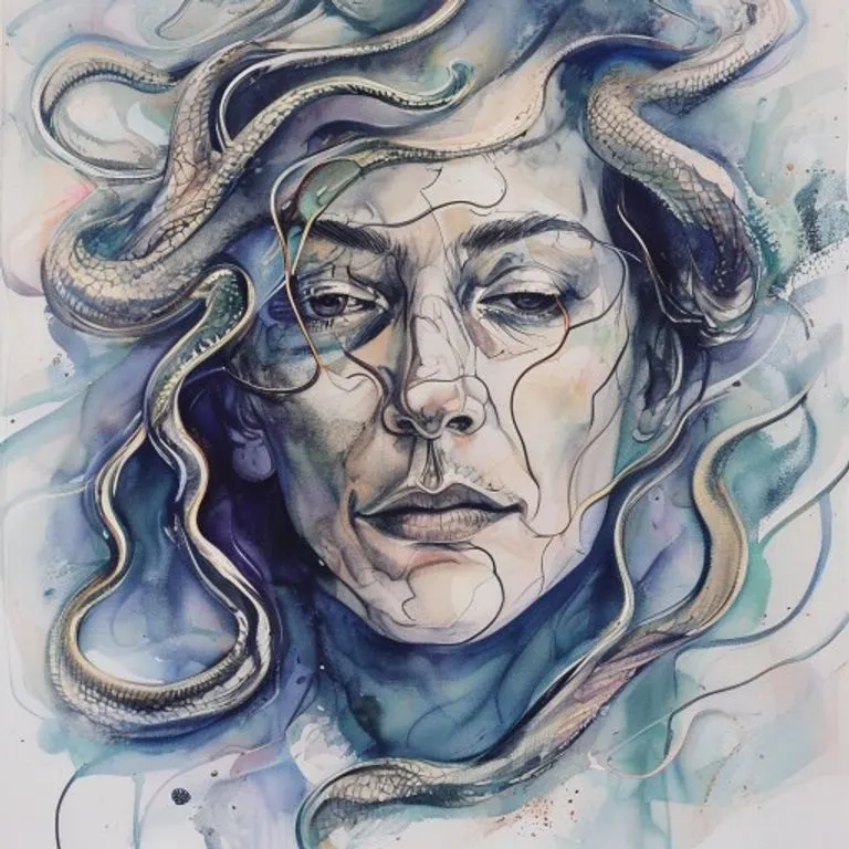 Retrato de una Serpiente de Metal, destacando su sabiduría y mirada penetrante, con un fondo abstracto de engranajes y símbolos de conocimiento.