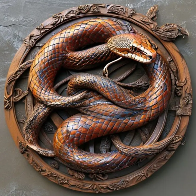 Calendario astrológico del año 2025, con una serpiente de madera estilizada enroscada alrededor, simbolizando la sabiduría, el crecimiento y la planificación estratégica de este período.