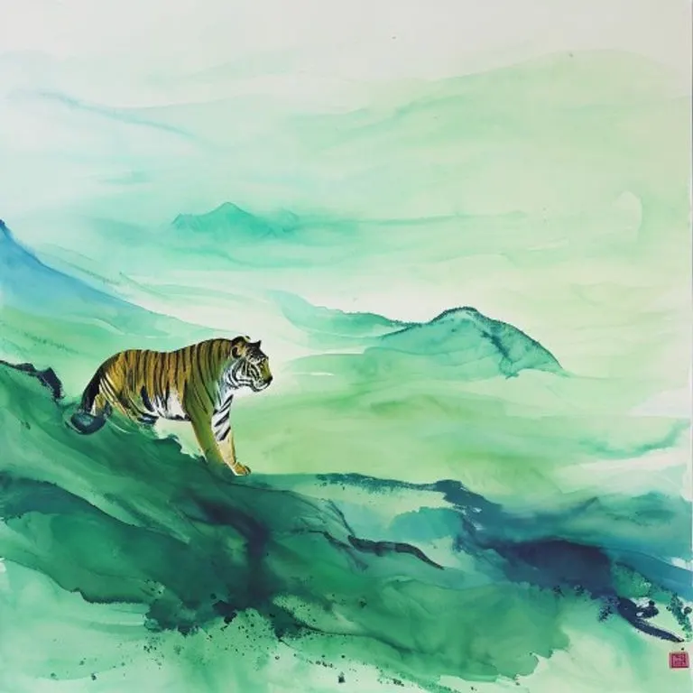 Sutil silueta de un Tigre fusionada con un paisaje de acuarela en tonos suaves, representando la adaptabilidad, el equilibrio y la armonía necesarios para el año 2025 en el Horóscopo Chino.