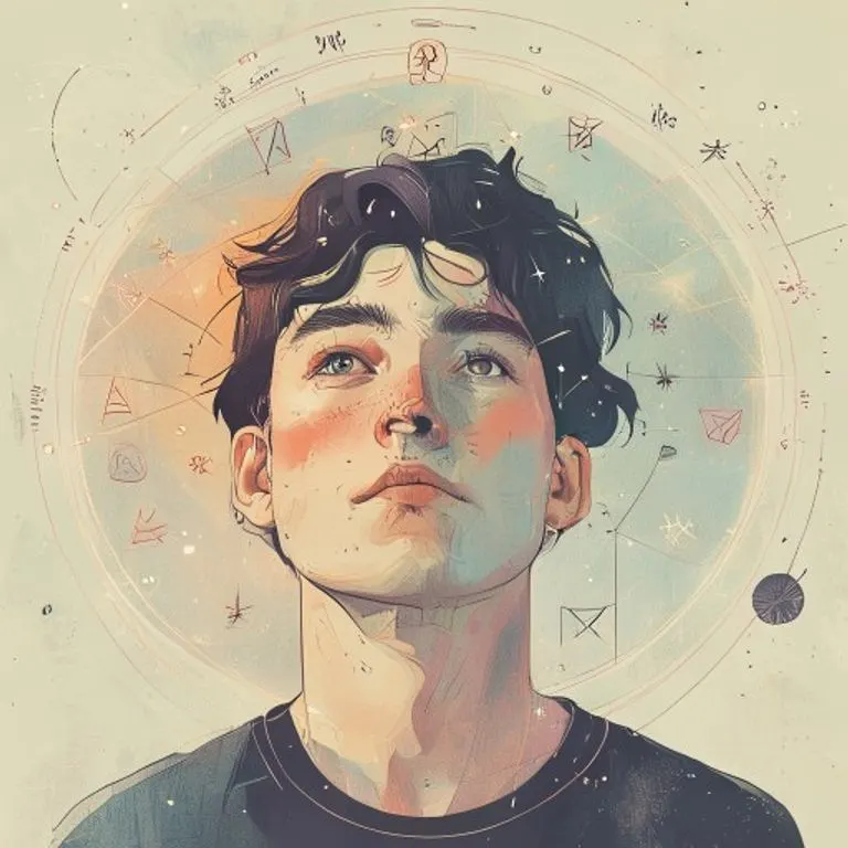 Pintura al óleo de un antiguo pergamino astrológico desplegado sobre una mesa de madera. Se aprecian símbolos zodiacales y planetarios, con una pluma de ave y un tintero, evocando la sabiduría ancestral y el estudio de la carta natal para descubrir talentos y vocaciones.
