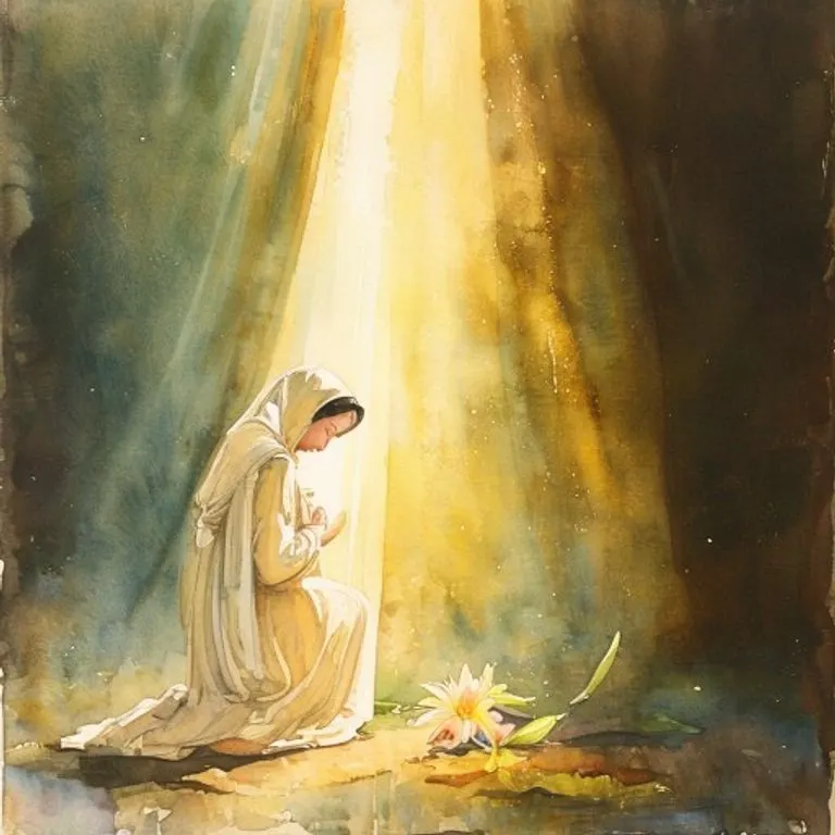 Representación artística de la Anunciación, con el Ángel Gabriel arrodillado ante la Virgen María, quien acepta con humildad la voluntad divina.