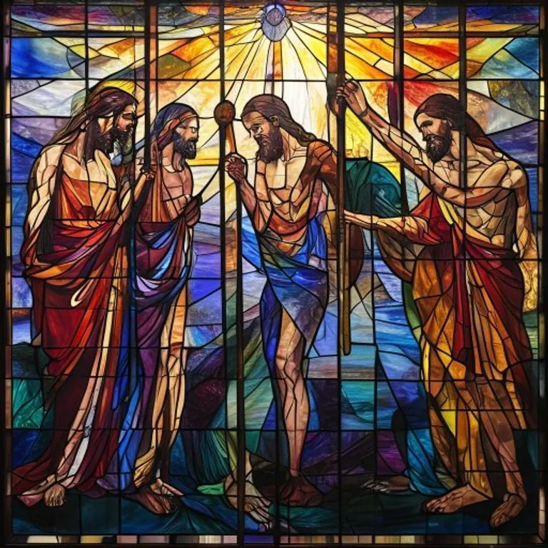 Jesús siendo flagelado, representado en un vitral colorido con luz solemne, destacando el sufrimiento y la dignidad.