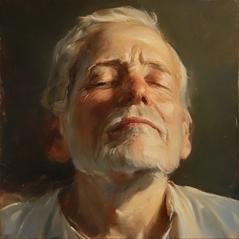 Retrato al óleo de San Alejo, con una expresión serena y sabia, vestido con ropas humildes, simbolizando su vida de desapego y profunda fe.