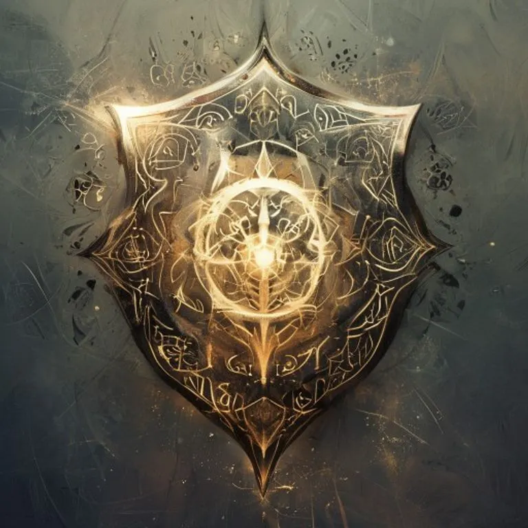 Escudo de arte digital con patrones geométricos y una luz central brillante, irradiando energía protectora y simbolizando la defensa contra las adversidades.