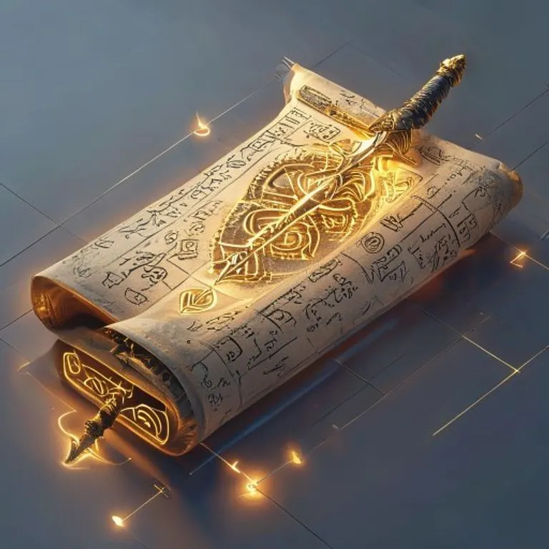 Render isométrico de símbolos antiguos de protección como una espada, un escudo y un halo, sobre un fondo místico.