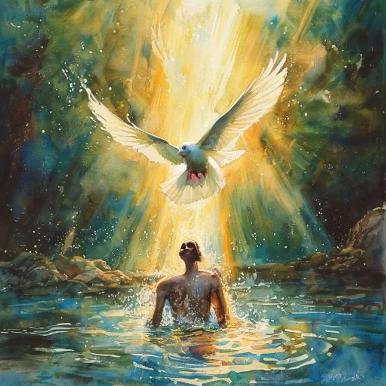 Pintura clásica que representa el Bautismo de Jesús en el río Jordán, con Juan el Bautista, el Espíritu Santo en forma de paloma y la voz de Dios Padre, simbolizando la luz de la gracia divina.