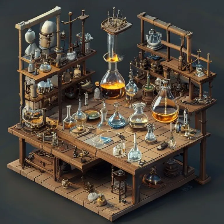 Ilustración detallada de un laboratorio alquímico renacentista, con retortas, matraces y manuscritos, simbolizando la fusión de astrología y alquimia en el pensamiento de Nostradamus.