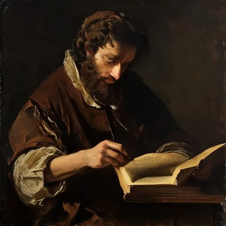 Pintura al óleo de un erudito renacentista, absorto en el estudio de textos antiguos y mapas celestes, con plumas y pergaminos sobre una mesa de madera.