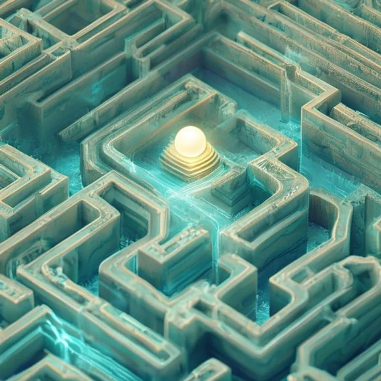 Isometric 3D render depicting a water-filled labyrinth, symbolizing the strategic and intuitive path a Water Snake takes through life, seeking hidden knowledge and navigating complexities.