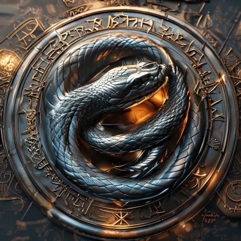 A minimalist, stylized emblem of a snake crafted from polished metal, featuring sharp, clean lines and a modern aesthetic, symbolizing strength, wisdom, and refinement.
