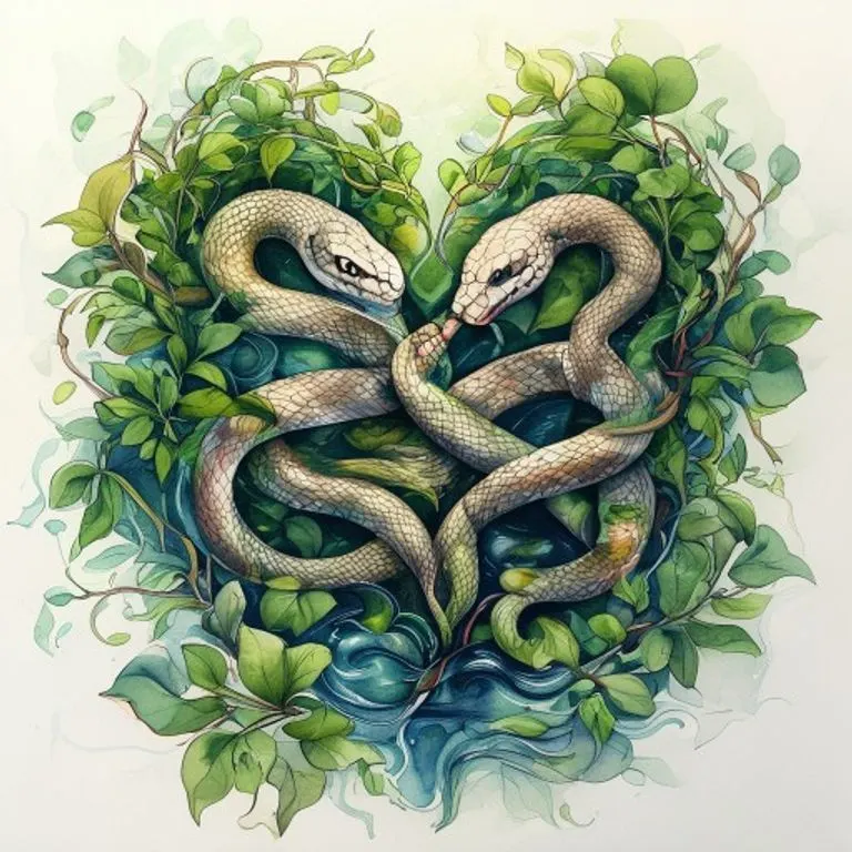 A serene scene of two intertwined, stylized snakes crafted from earthy tones, symbolizing deep loyalty and profound emotional connection in Earth Snake relationships.