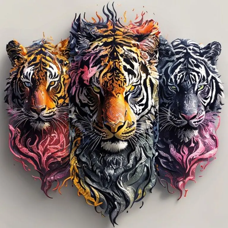 A visual representation of the five elemental Tigers, each distinct in their energetic manifestation, with a focus on the interplay of elements in Chinese astrology.
