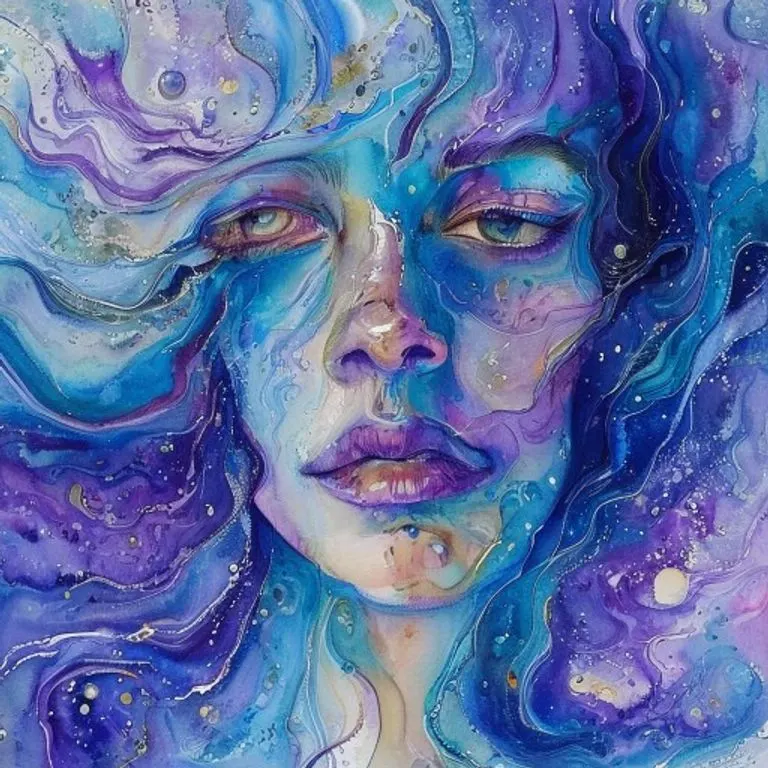 An abstract watercolor painting depicting swirling cosmic energies in shades of blue, purple, and gold, with subtle hints of planetary alignments. The artwork evokes a sense of astrological influence and the flow of lunar power, without explicit celestial bodies.