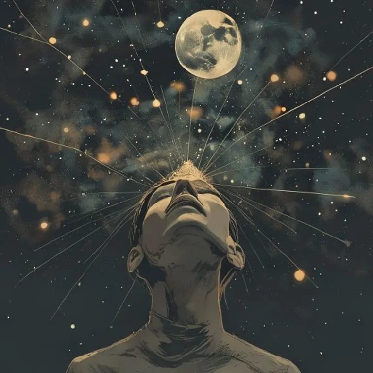 A vibrant digital art piece illustrating a deep cosmic connection, with ethereal light rays emanating from a stylized moon towards a human silhouette, symbolizing spiritual alignment and the profound influence of lunar energies on personal journeys.