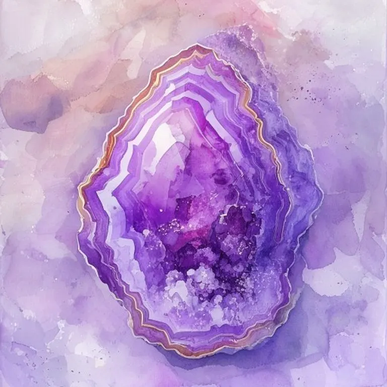 Vibrant amethyst geode rendered in watercolor style, showcasing its natural beauty and spiritual essence.