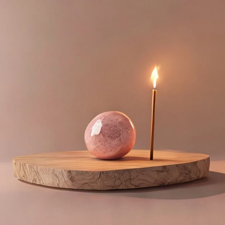 Minimalist meditation scene with a glowing rose quartz crystal, symbolizing love and tranquility.