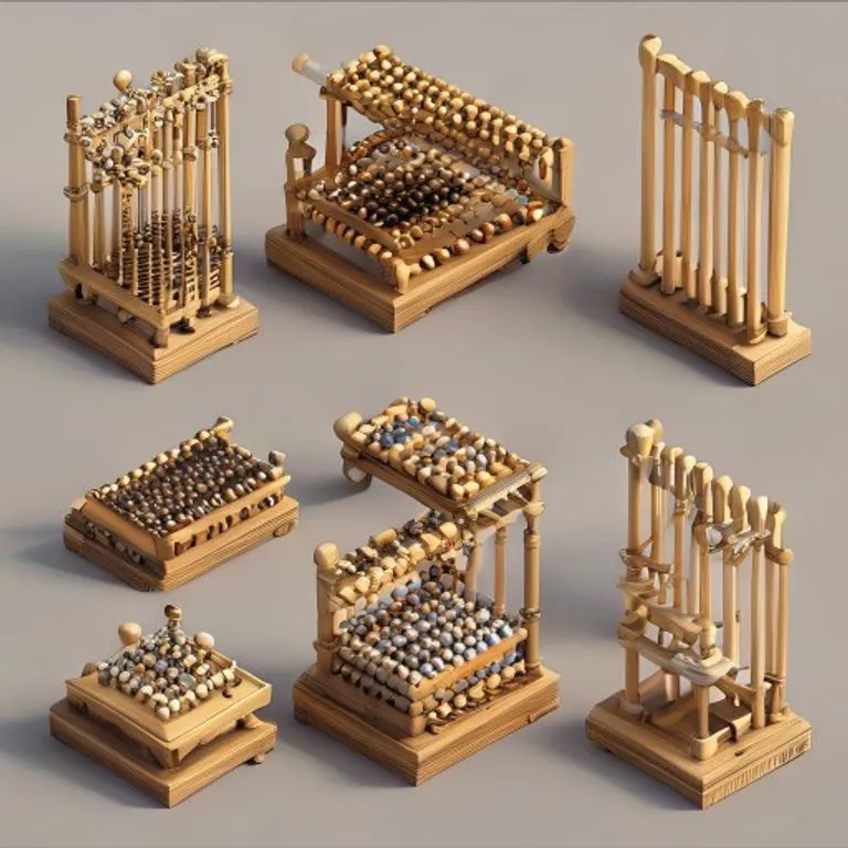 Renderizado 3D comparativo de diferentes tipos de ábacos: Suanpan chino, Soroban japonés y Jusan coreano, destacando sus diferencias estructurales. Estilo limpio y moderno.
