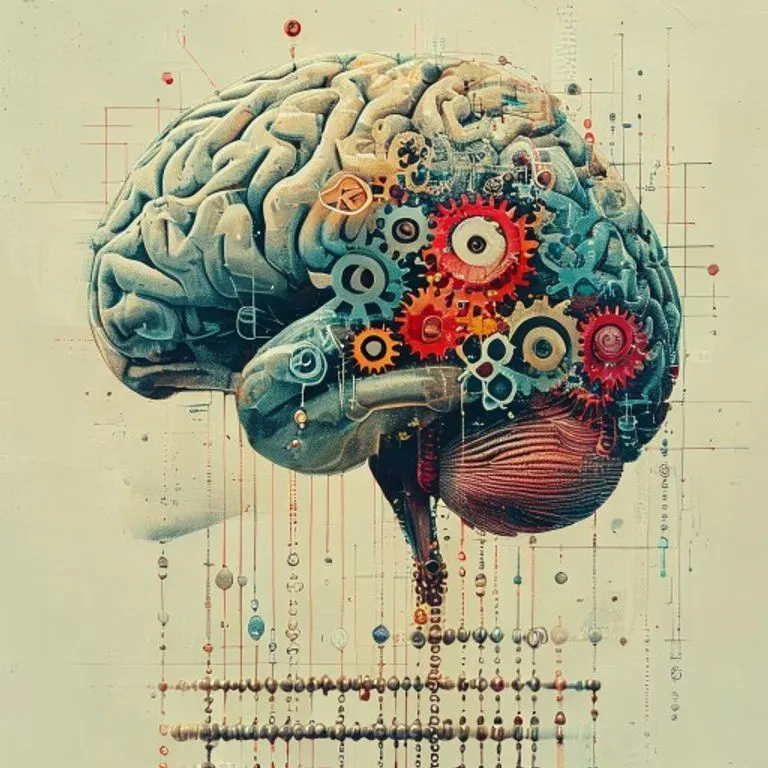 Ilustración conceptual que representa los beneficios cognitivos del ábaco: un cerebro humano con conexiones neuronales iluminadas, rodeado de elementos abstractos de memoria, concentración y agilidad mental, en un estilo digital moderno.