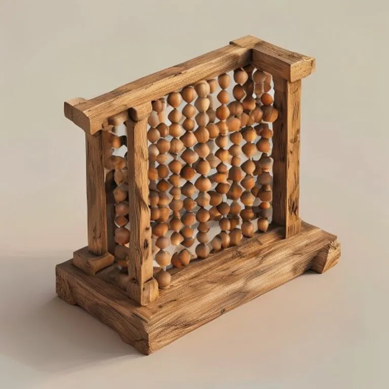 Detalle de un ábaco indio tradicional, mostrando su estructura de cuentas de madera y el diseño único utilizado para operaciones matemáticas.