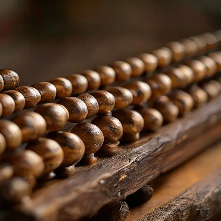 Detalle de un Suanpan chino, mostrando la distribución de las cuentas de madera en las secciones superior e inferior, y su diseño tradicional con la barra divisoria.