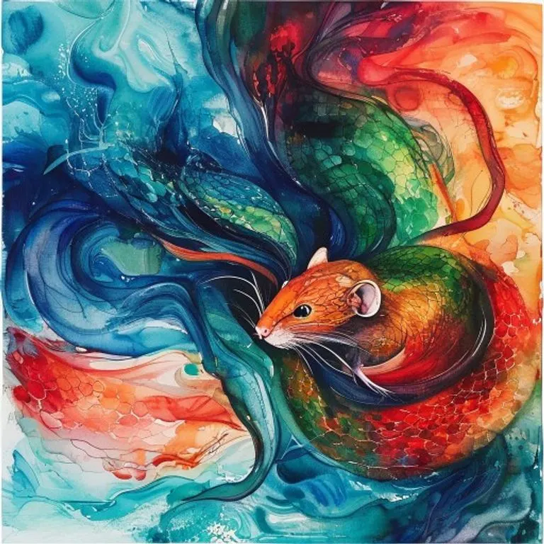 Acuarela abstracta que representa la interacción fluida y a veces conflictiva de dos energías, simbolizando la relación entre la Serpiente y la Rata en el horóscopo chino.