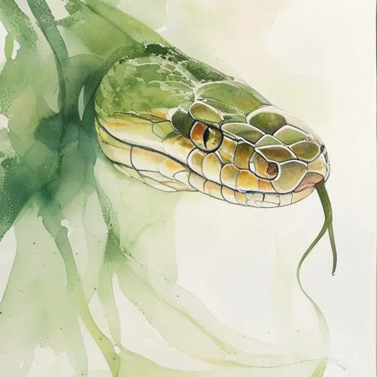 Acuarela de una serpiente entrelazada con ramas de árboles, simbolizando la sabiduría natural y el crecimiento