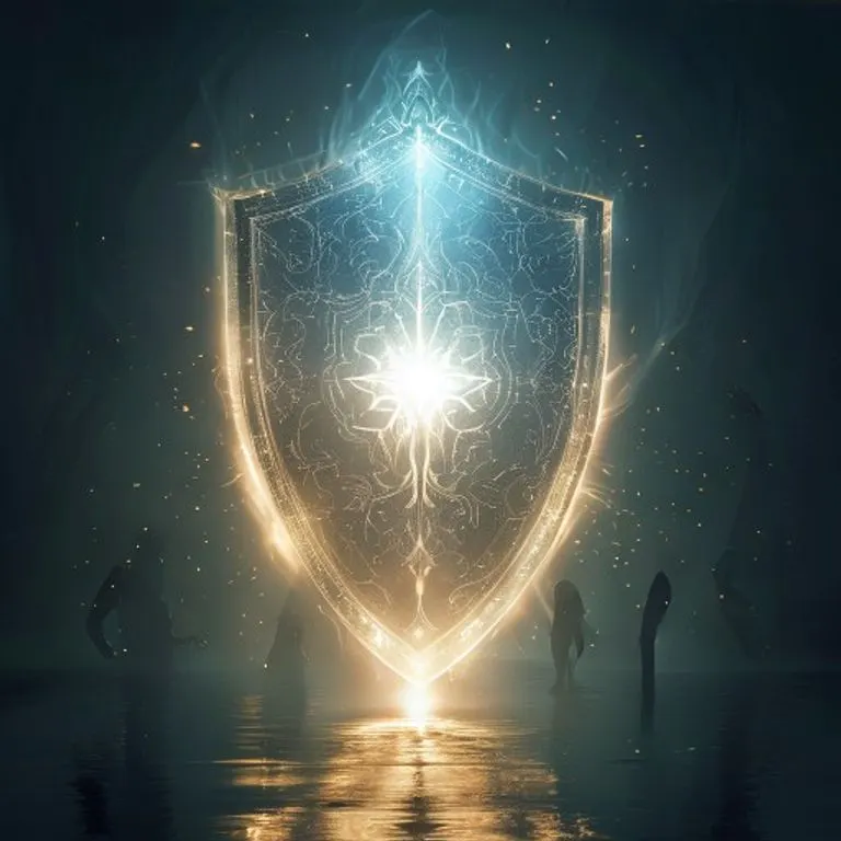 Un escudo estilizado irradia una energía protectora, simbolizando la capacidad de San Alejo para alejar el mal y las influencias nocivas de nuestro entorno.