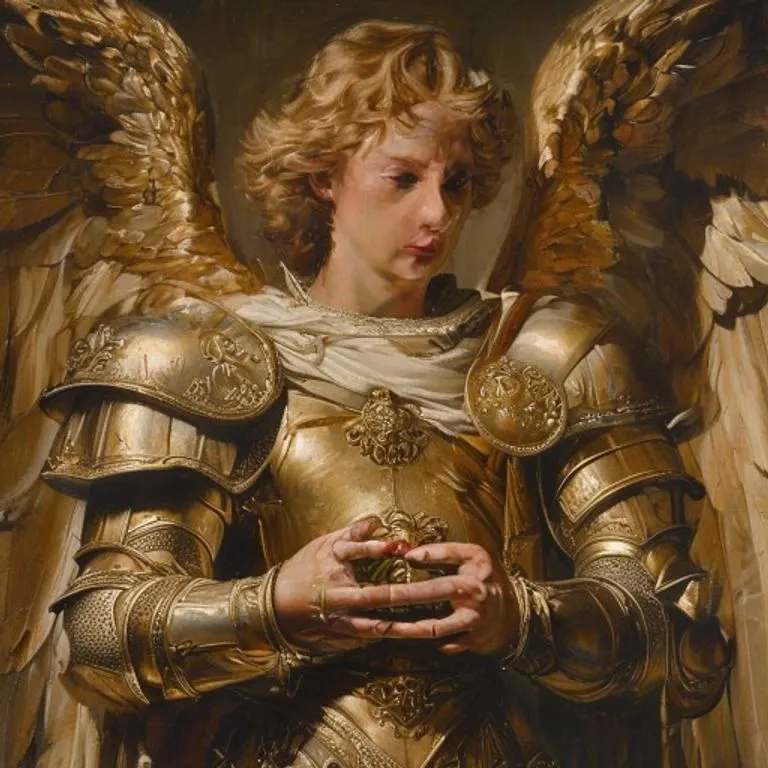 Arcángel majestuoso con armadura dorada y expresión serena, simbolizando la fortaleza y protección divina.