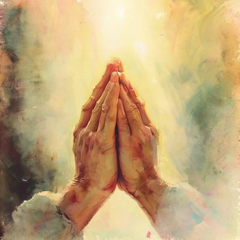 Manos unidas en oración, rodeadas de un aura de luz suave, expresando profunda confianza espiritual.