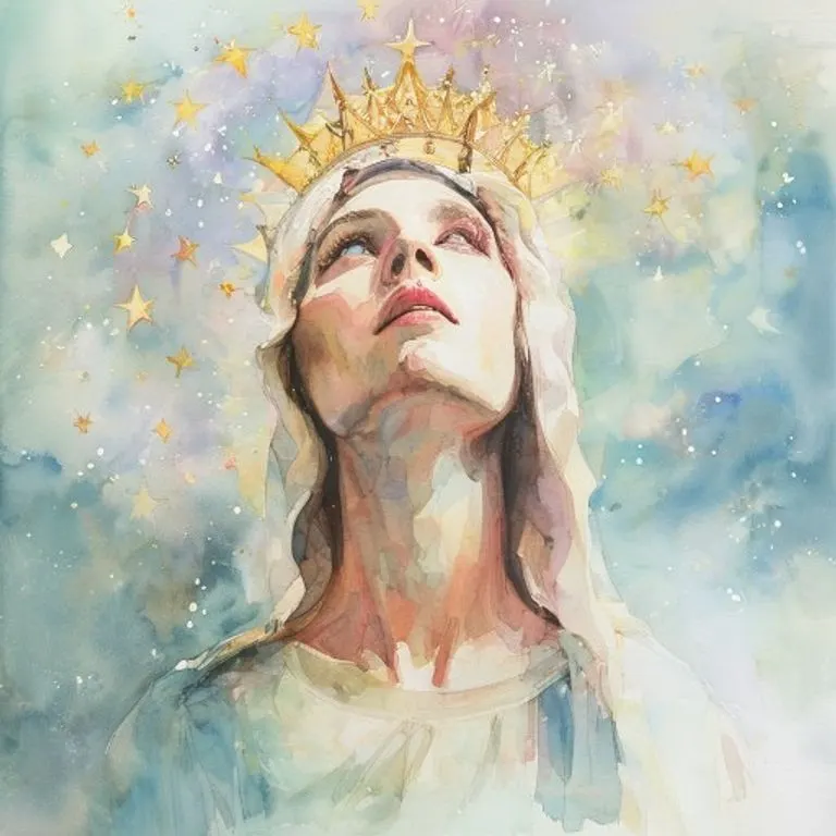 Representación etérea de la Virgen María ascendiendo al cielo entre nubes y luz divina