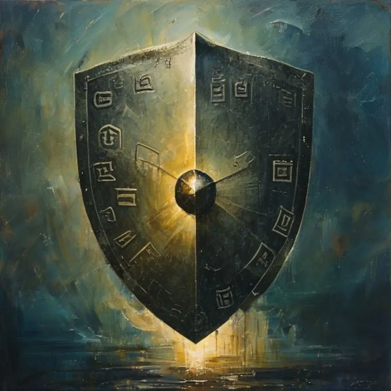 Un escudo espiritual estilizado con símbolos de protección y fe, representando la barrera contra influencias negativas invocada por la oración.