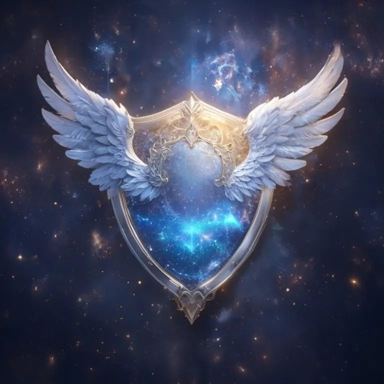 Escudo angelical con intrincados detalles dorados y una luz etérea, simbolizando la defensa espiritual y la protección divina.