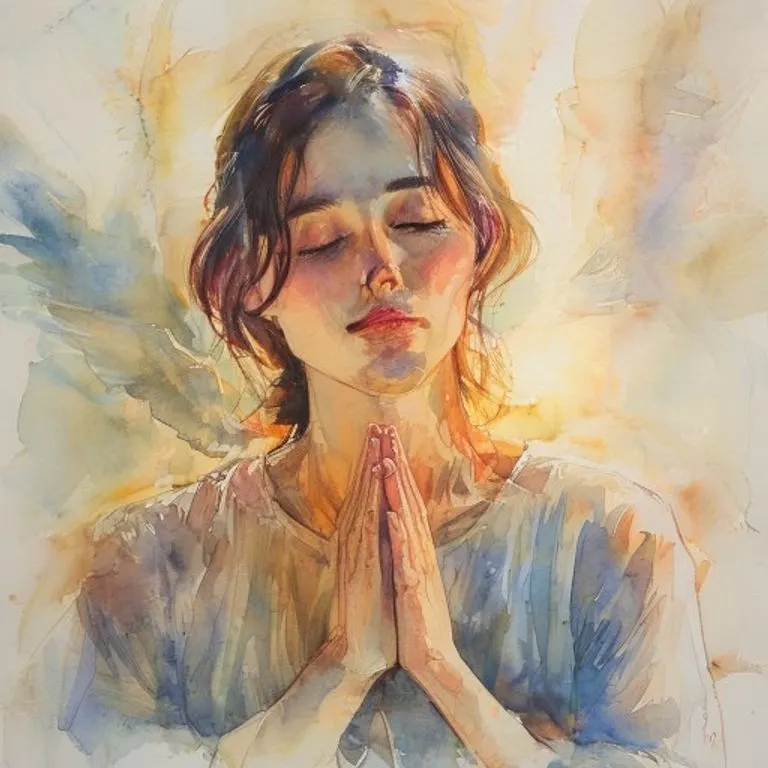 Manos en posición de oración, rodeadas de una luz suave y etérea, simbolizando la devoción, la serenidad y la búsqueda espiritual.