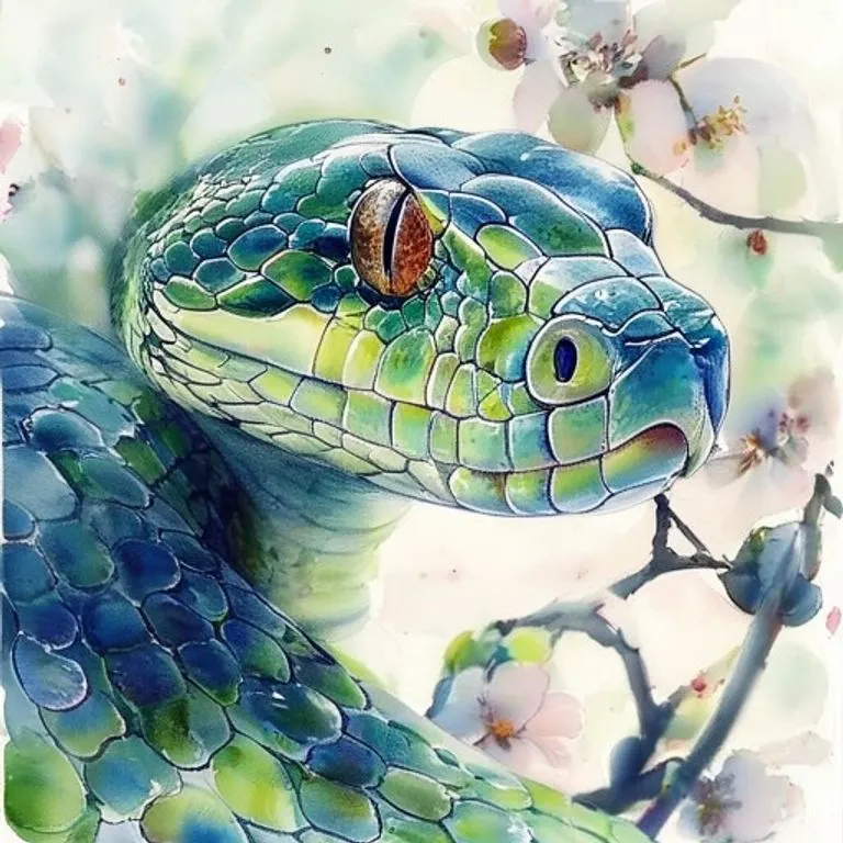 A wise, introspective green snake, its scales shimmering with ancient knowledge, coiled elegantly against a backdrop of subtle, intricate patterns, symbolizing its deep intuition and strategic mind. The image captures its calm, observant nature.