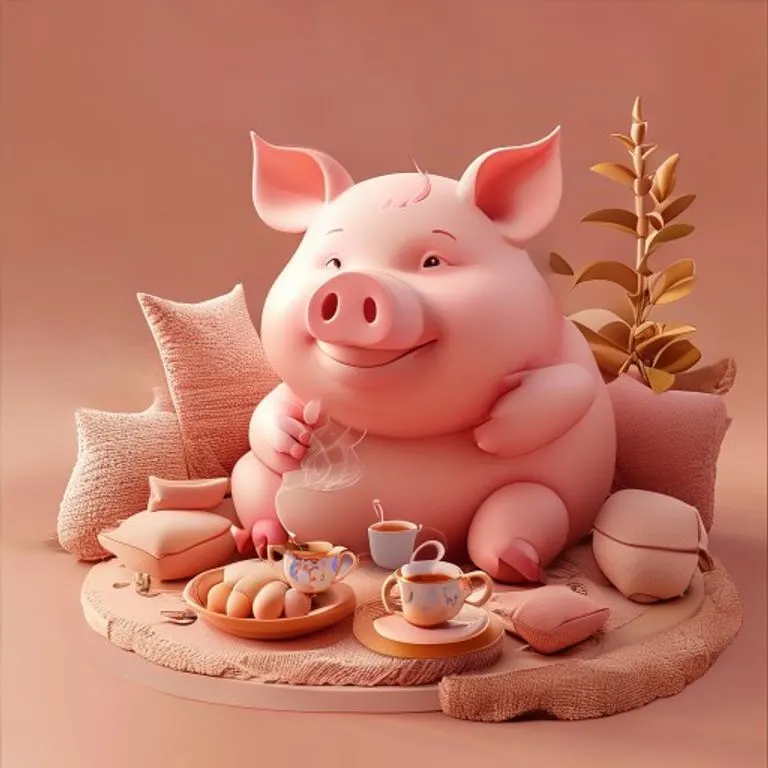A cheerful and benevolent pink pig character, rendered in a comforting 3D style, radiating warmth and contentment. The pig is surrounded by elements symbolizing abundance and simple joys, such as fresh produce and a cozy home interior, reflecting its generous and pleasure-loving nature.