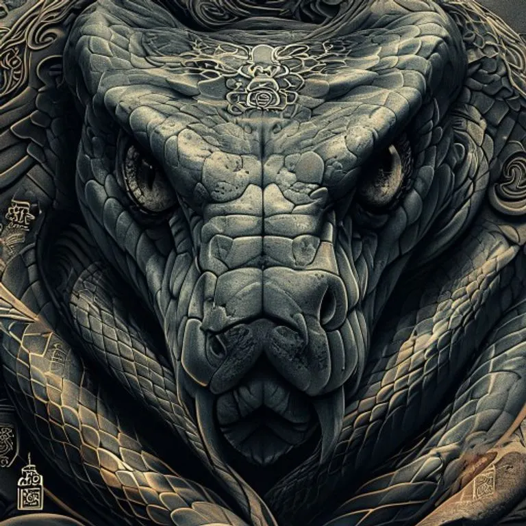 Digital art illustration of an enigmatic snake, its scales shimmering with subtle patterns, eyes gleaming with ancient wisdom, set against a dark, mystical background, symbolizing its intuitive and mysterious nature.
