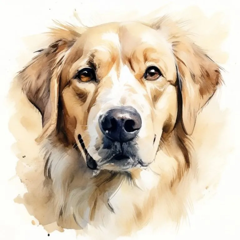 Watercolor painting of a loyal dog, its gaze earnest and protective, with soft, warm colors, symbolizing its honest, compassionate, and steadfast nature. The background is gentle and supportive, reflecting its nurturing essence.