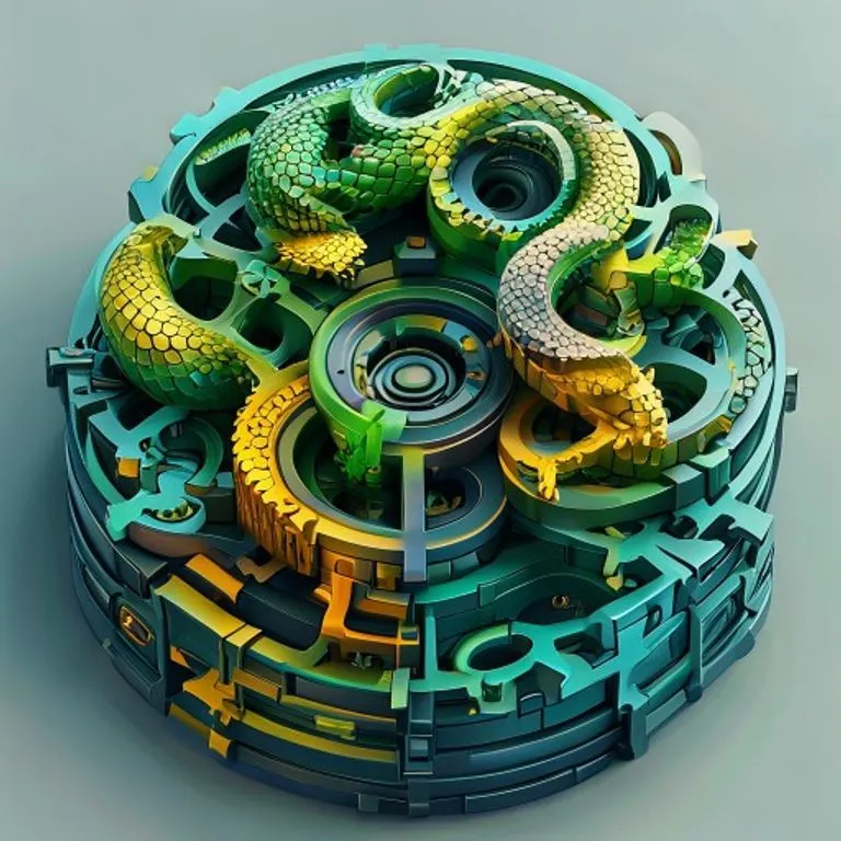 Isometric 3D rendering of interlocking gears and abstract astrological symbols, illustrating the complex mechanisms and dynamic interplay of zodiac compatibility.