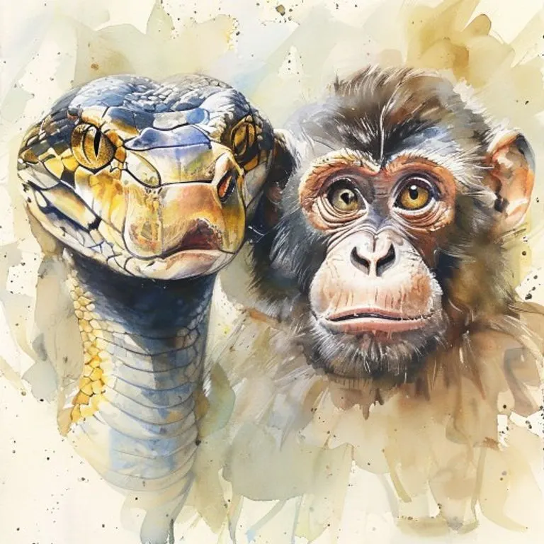 Vibrant watercolor painting depicting two distinct, stylized animal portraits: one of a serene, wise snake and another of an alert, playful monkey, symbolizing their unique personalities.