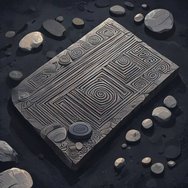 Detalle de la Tabla de Salamina, mostrando las líneas grabadas en mármol y guijarros (calculi) simulados, con inscripciones griegas que denotan unidades monetarias y de peso, bajo una luz suave.