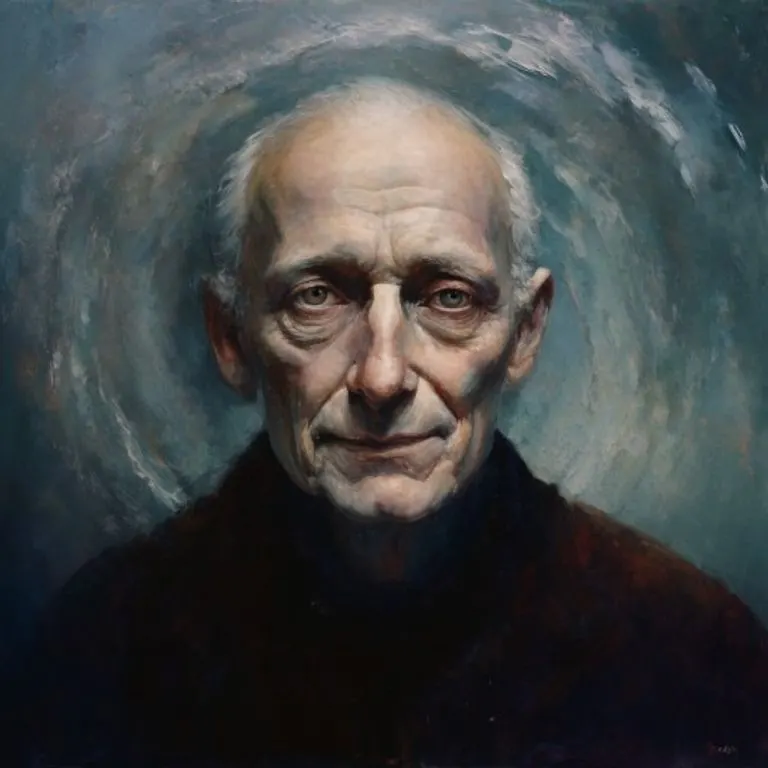 Pintura al óleo de un rostro sereno y enigmático, con una serpiente estilizada envolviéndolo, simbolizando sabiduría y misterio.