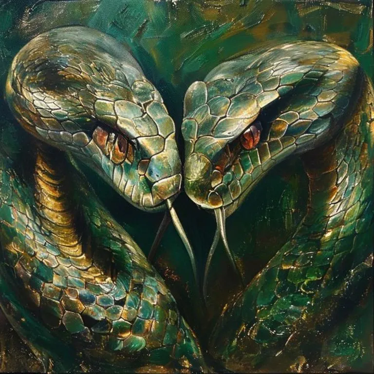 Two intertwining snakes with intense, knowing gazes, rendered in oil painting style
