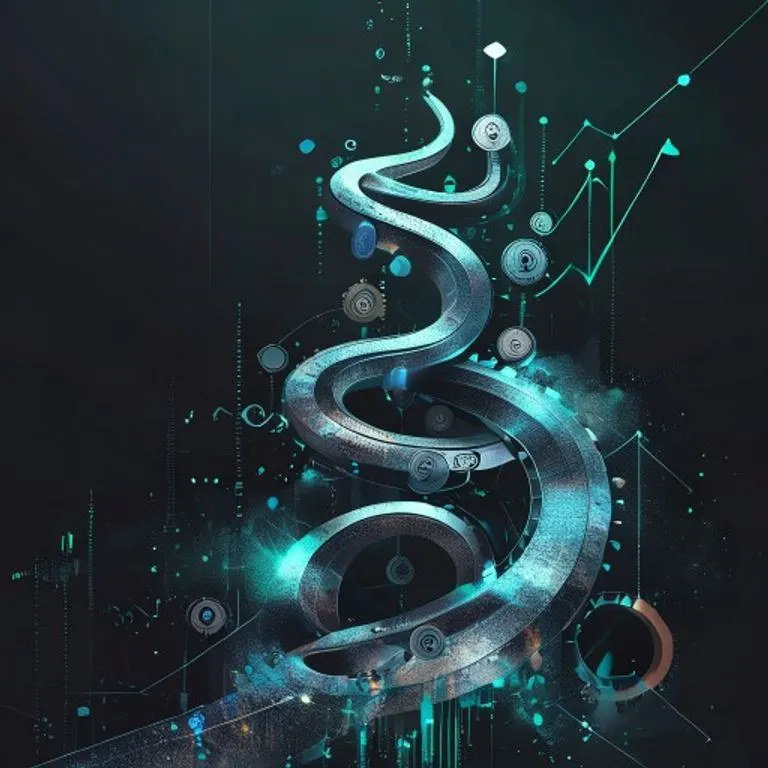 Una representación artística de una serpiente dorada y brillante, entrelazada en un símbolo de infinito, con monedas antiguas y símbolos de prosperidad flotando a su alrededor, sobre un fondo cósmico.
