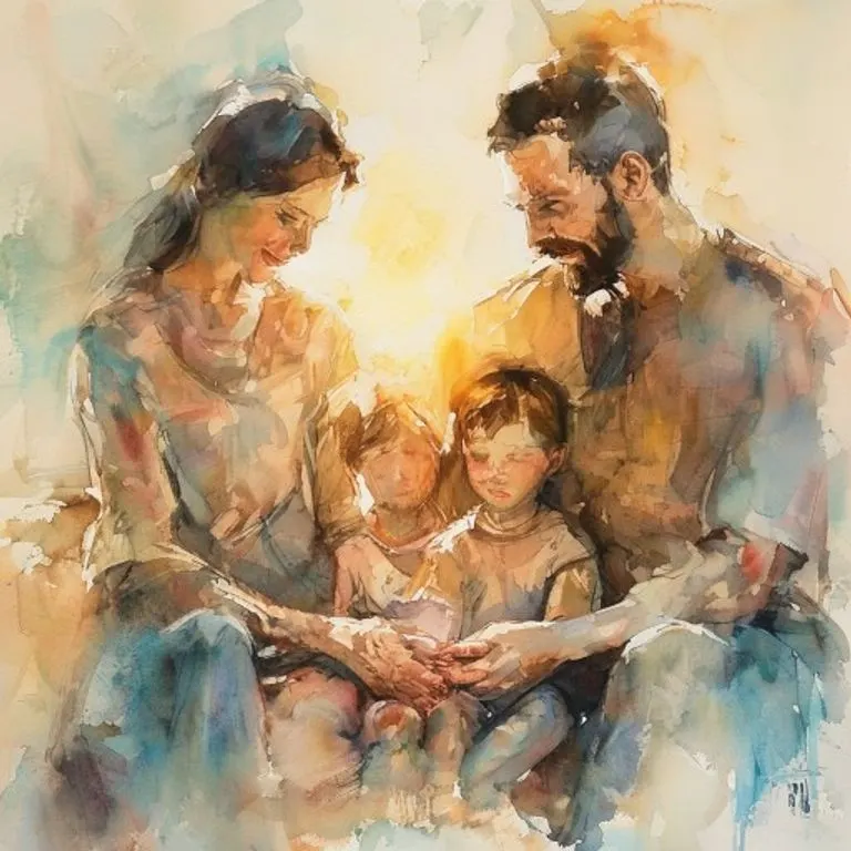 Manos entrelazadas de una familia, simbolizando unidad y oración, sosteniendo un rosario, con una luz suave que sugiere esperanza y armonía.