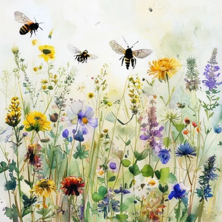 A serene watercolor scene depicting the harmonious interaction of vibrant wildflowers and active bumblebees in a lush, sun-drenched meadow, symbolizing ecological balance.